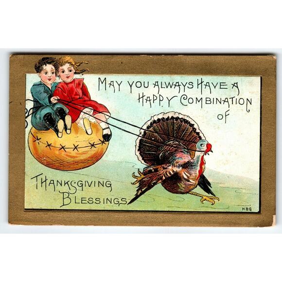 Thanksgiving Postcard HBG Signed HB Griggs Turkey Children On Pumpkin Fantasy - Picture 1 of 2